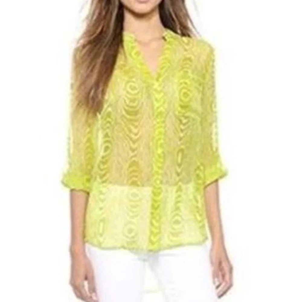 DVF Diane Von Furstenberg Gilmore Silk Sheer Blouse Chartreuse. Size 6.